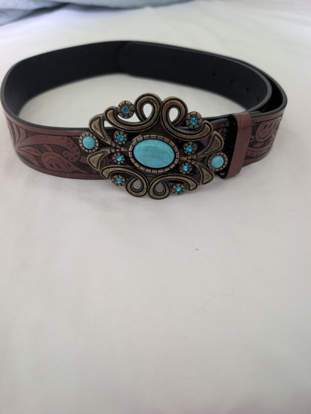 Western Cowgirl Belt for Women,Vintage Engraved Tooled Leather Belt Turquoise...